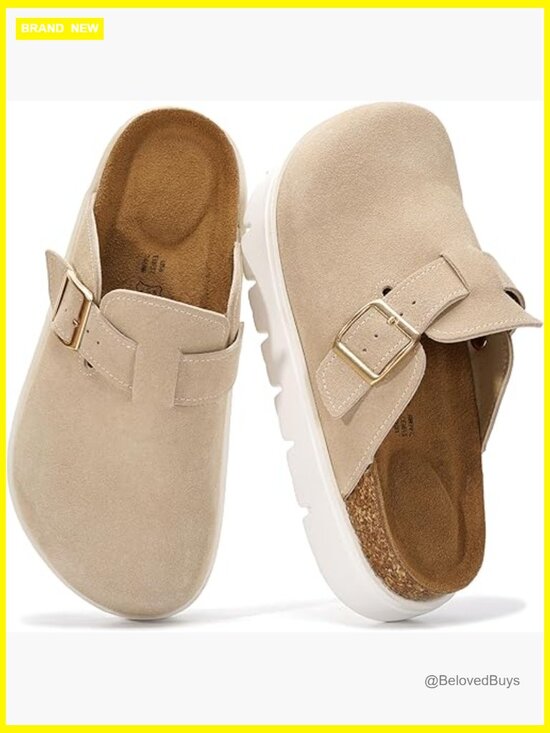 Shoes - Genuine Leather Platform Clogs - Memory Foam Arch Support Cork Footbed Casual
